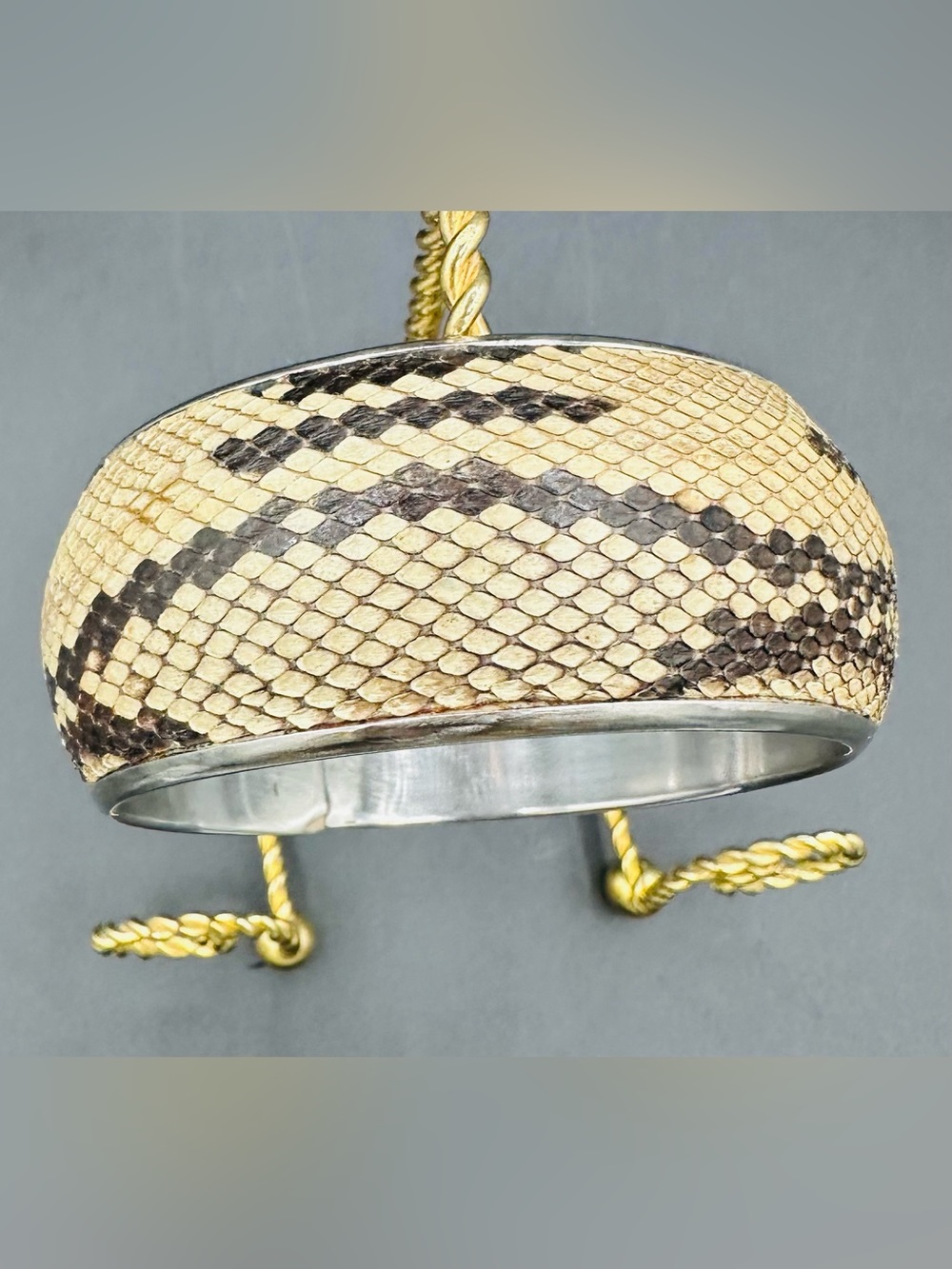 Genuine Snakeskin Leather Cuff Bracelet with Silver-Tone Trim